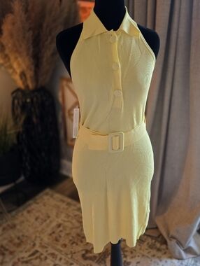 SIEMPRE THE LABEL Anthropologie Pale Yellow Ribbed Belted Dress- NWT SMALL